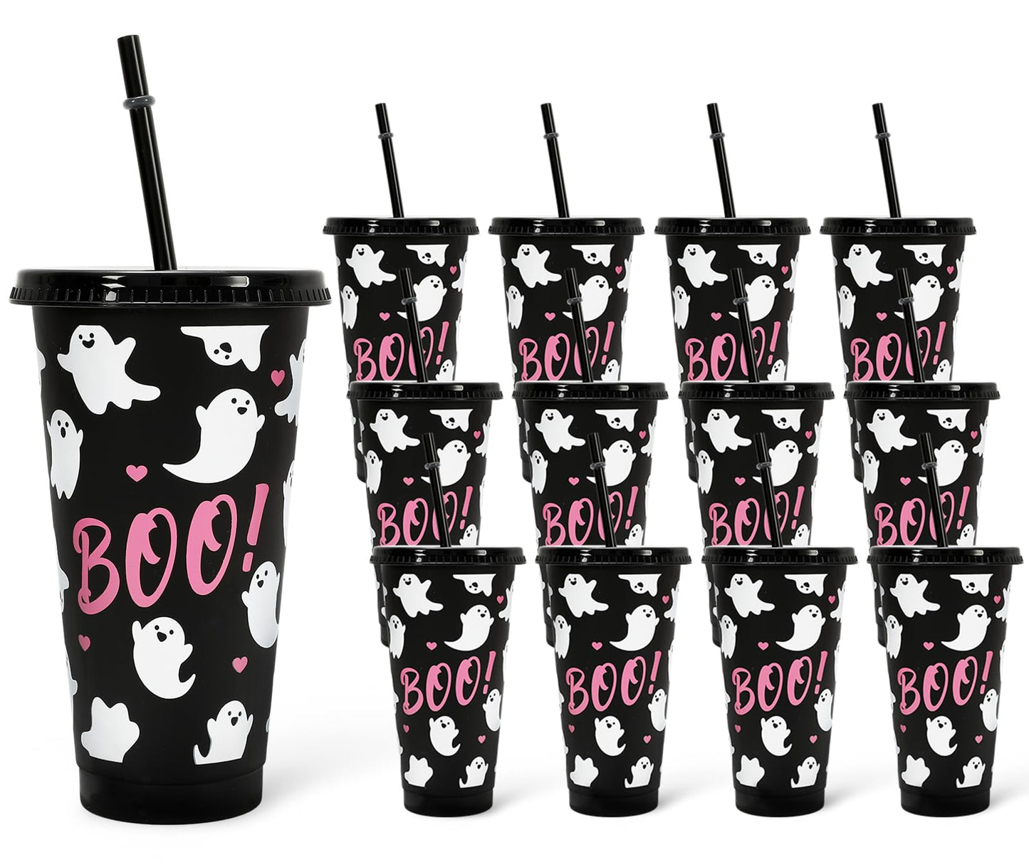 JarThenaAMCS 12Pcs Halloween Plastic Cups with Straw and Lid Cute Ghost Tumbler 24oz Boo Plastic Cups for Cold Drinks Halloween Decoration Party Favors