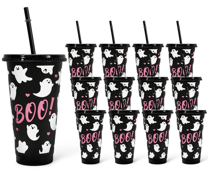 JarThenaAMCS 12Pcs Halloween Plastic Cups with Straw and Lid Cute Ghost Tumbler 24oz Boo Plastic Cups for Cold Drinks Halloween Decoration Party Favors