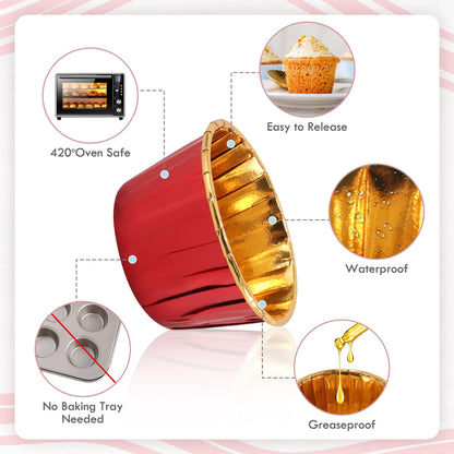 TRUSBER Red and Gold Foil Cupcake Liners,100 pcs Disposable Muffin Liners 3.5 Oz Wrappers for Baking, Metallic Muffin Paper Cases Baking Cups Valentines Day, Mother's Day Cupcake Liners