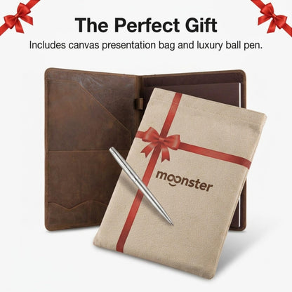 Moonster Leather Portfolio Professional Organizer Padfolio – Resume Folder with Luxury Pen - Leather Binder Portfolio Writing Pad with Business Card Holder - Portfolio Folder for Men & Women
