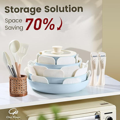 Chef Power Ceramic Nonstick Pots and Pans Set 19 Piece with Detachable Handle, Induction Dishwasher Oven Safe Cookware Set, RV Kitchen Set Removable Handle (Light Blue)