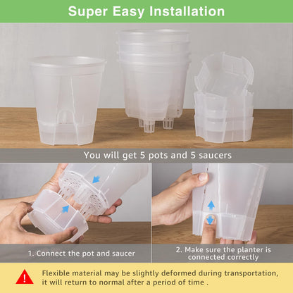 GREENPARA 5-Inch Self-Watering Plant Pots - 10-Pack Clear Plastic Planter with Deep Reservoir, Drainage Holes for Indoor Outdoor Gardens, Herbs, Succulents, and Flowers