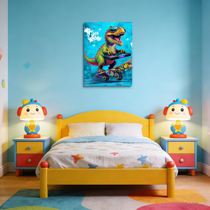 16x24 Graffiti Blue Skateboard T-Rex Dinosaur Canvas Wall Art Prints, Framed Watercolor Animal Pop Cool Painting, Funny Kids & Teen Boy Bedroom Decor, Home Bathroom Living Room Wall Poster Gift