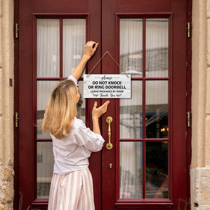 Wooden Sign with Rope for House Front - Do Not Knock or Ring Doorbell, Leave Packages by Door, 6x12 Inches Hanging Sign For Door Doors Garden Fence Office -02
