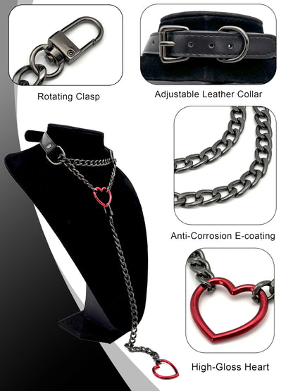 EverGlimp Heart O-Ring Slip Chain Choker Collar Necklace for Women, Adjustable Vegan Leather Punk Necklace with Swivel Clasp & Heart Charm