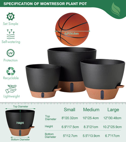 montresor 12/10/8 Inch Self Watering Pots for Indoor Plants Plastic Large Plant Pots for Outdoor Plants, Water Level Window & Spacious Reservoir Flower Pots Decorative Planter with Drainage and Tray