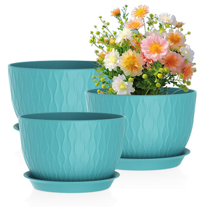 Meowell Large Plant Pots 12/10/9 inch, 3 Pack Big Flower Pots for Outdoor Indoor Plants with Water Ripples, Wide Plastic Planters with Drainage Holes and Saucers for Garden Home Decor, Blue Green