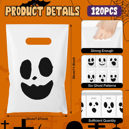Sunnymove 120 Pcs Goodie Bags with Handles Gift Bags Bulk Cute Plastic Treat Candy Packing for Party Decorations Favors Supplies(120 Pcs,White Ghost)