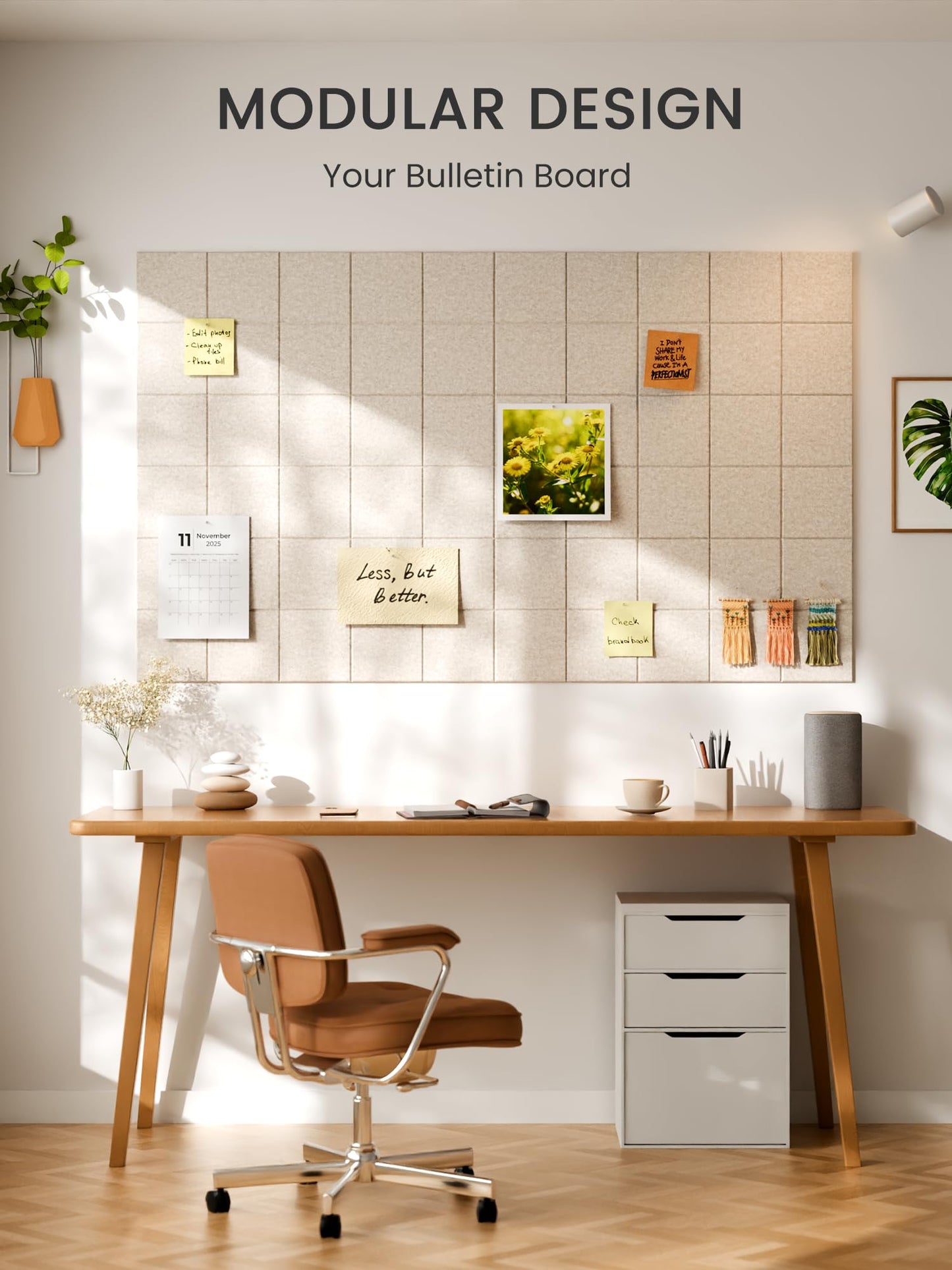 Bumusty Large Felt Bulletin Board, 48" x 36" Cork Board Alternative, 12-Pack Wall Tiles with 4-Compartment Design, 30 Push Pins, 70 Adhesive Tabs, Ideal for Office & Home Decor, Oatmeal
