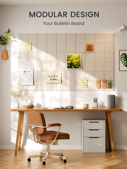 Bumusty Large Felt Bulletin Board, 48" x 36" Cork Board Alternative, 12-Pack Wall Tiles with 4-Compartment Design, 30 Push Pins, 70 Adhesive Tabs, Ideal for Office & Home Decor, Oatmeal