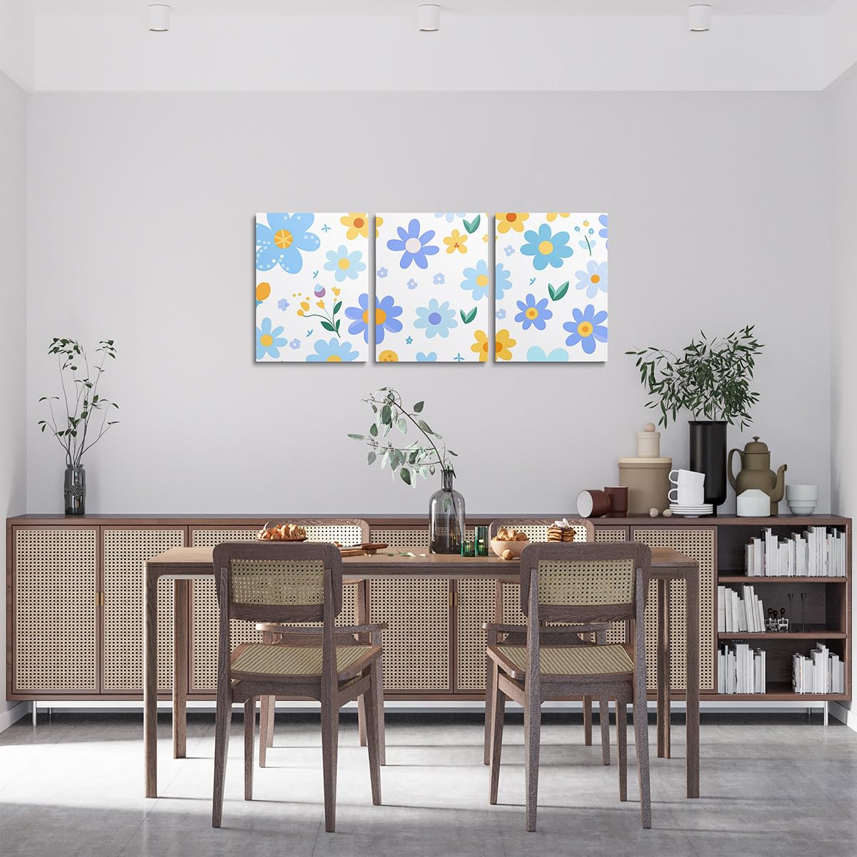 Feelyou Cute Flower 3 Piece Canvas Wall Art for Living Room Bedroom Cartoon Cute Floral Office Decor Artwork Blue Yellow Wall Art for Home Decor Kawaii Picture Posters