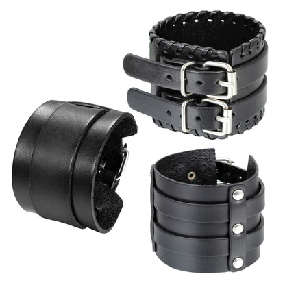 Cupimatch 3 Pcs Black Adjustable Leather Bracelet, Punk Rock Wide Leather Belt Cuff Bangle Wristband for Men for Father's Day