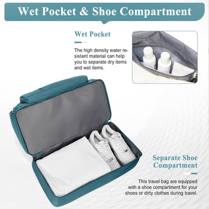 Travel Duffle Bag, Weekender Bags for Women,Carry On Overnight Personal Item Travel Bag with Shoes Compartment,Peacock Blue