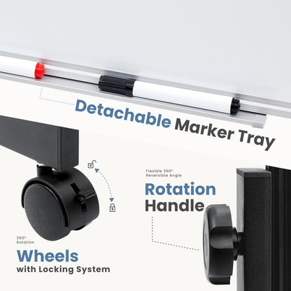 DUMOS Rolling Whiteboard Double Sided 46 x 32 Inches, Magnetic White Board Dry Erase on Wheels, Dry Erase Board with Stand for School, Office and Home, Silver Aluminium Frame, Black