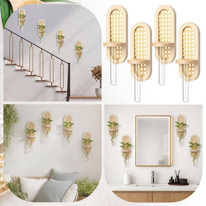 Singhoow 4 Pcs Wooden Rattan Wall Propagation Vases 8 Inch Wood Wall Vase Set Natural Boho Hanging Plant Flower Display for Hydroponics Plants Home Office Living Room Decor