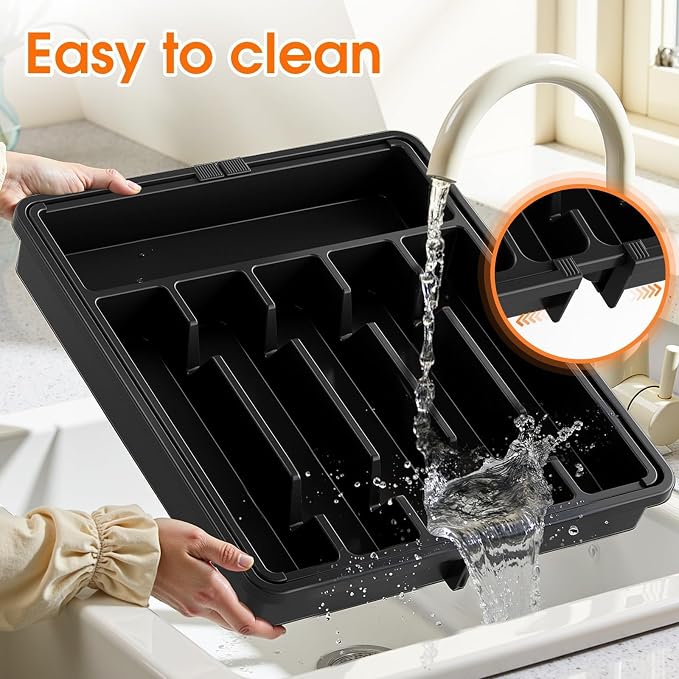 SpaceHacks Silverware Organizer，Adjustable & Expandable Utensil Drawer Organizer, BPA Free Utensil Holder, Cutlery Tray for Forks, Spoons, Knives in Kitchen, Large, Black