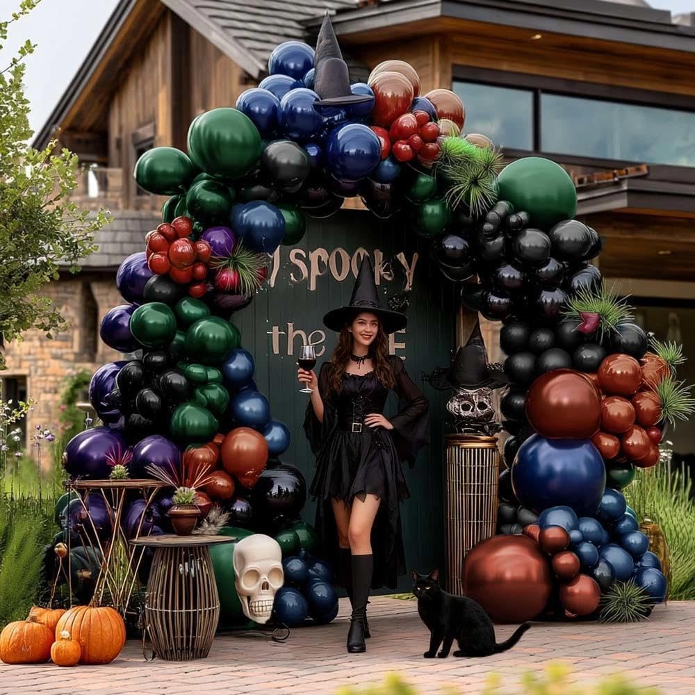 Halloween Balloon Arch Double Stuffed, Dark Green Navy Blue Burgundy Purple Black Balloon Garland Kit for Halloween Birthday Witch Gothic Spooky Magic Party Decoration