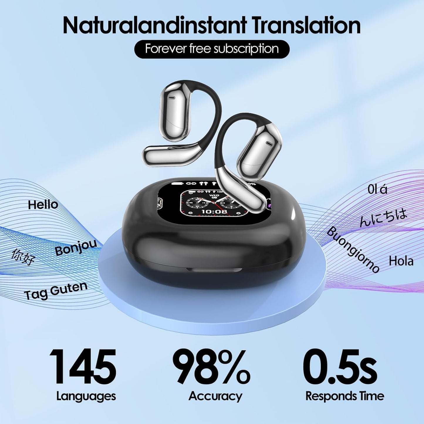 AI Language Translation Earbuds, OWS LCD Touchscreen Real-Time Translator for 144 Languages & Accents Includes Free Subscription Translation Device Earphones for Travel Business Learning, Black 7