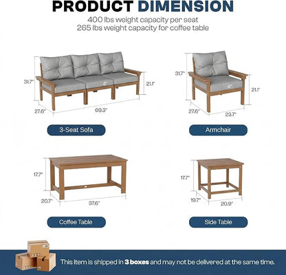 Teak HDPE Patio Sofa Set, 3-Piece Sectional Outdoor Patio Furniture Set, All Weather Outdoor Couch Set with Washable Thick Cushions for Lawn, Garden, Deck, Balcony, Porch, Poolside, Yard