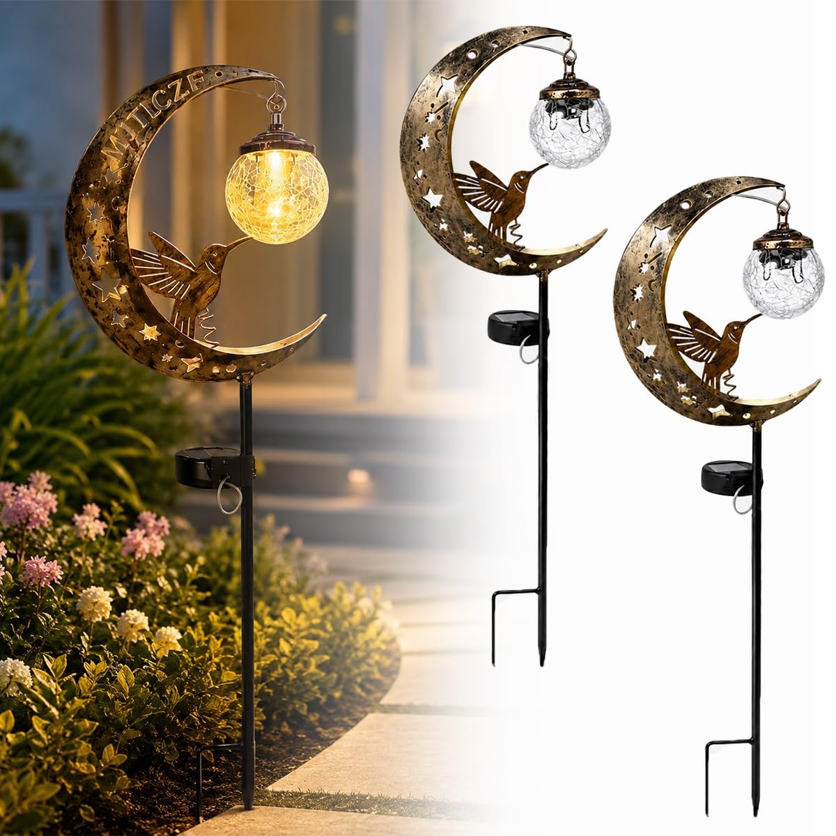 MJTLCZF Hummingbird Moon Solar Garden Stake Light,Half and Half Moon Ball LED Pathway Decor Crackle Hanging Glass Globe Ball Metal Crescent for Outside Yard Patio Lawn Pathway Outdoor Decor(2PCS)