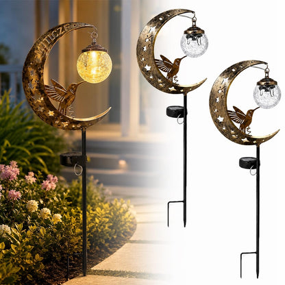 MJTLCZF Hummingbird Moon Solar Garden Stake Light,Half and Half Moon Ball LED Pathway Decor Crackle Hanging Glass Globe Ball Metal Crescent for Outside Yard Patio Lawn Pathway Outdoor Decor(2PCS)