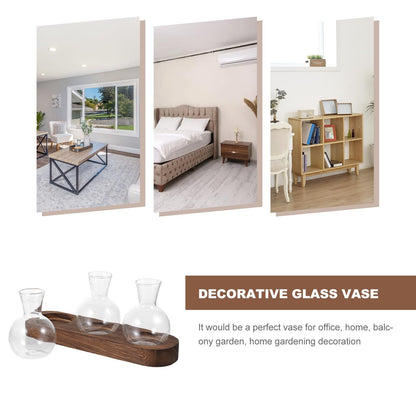 PRETYZOOM Glass Plant Vase Set with Wooden Base, Hydroponic Terrarium for Office and Living Room Decor, 3pcs Tabletop Flower Arrangement Vessels
