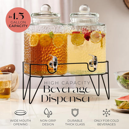 Style Setter Premium Glass Drink Dispensers with Metal Stand for Parties – Beverage Dispenser Set for Cold Drinks, Lemonade, Cocktails, Juice – Party Glass Drink Dispenser Station - 1.5 Gal, Set of 2