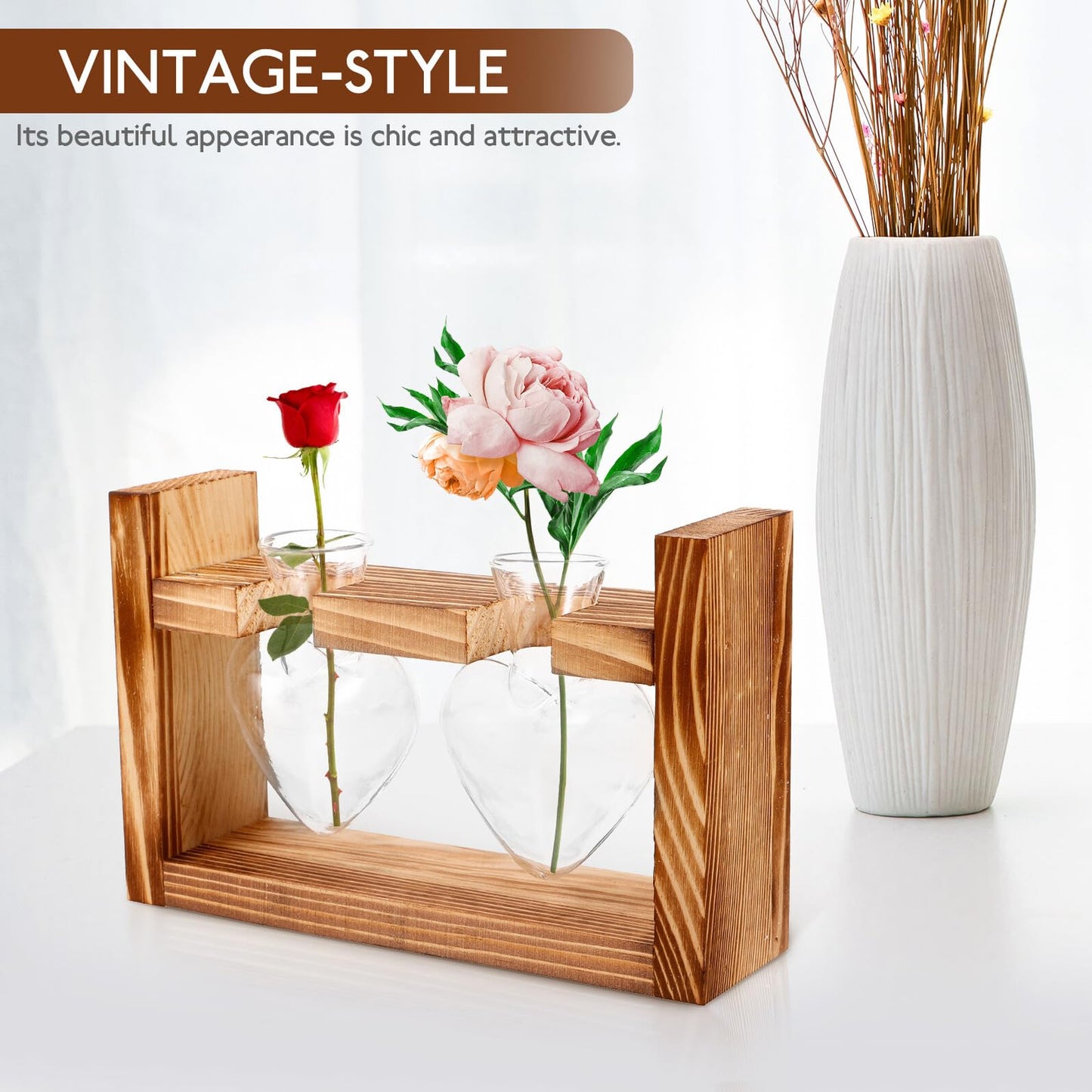 KESYOO Heart-Shaped Hydroponic Glass Planter Vase with Wooden Stand Glass Terrarium for Indoor Plants Home Décor Flower Pot Set with 2 Vases and Rustic Frame