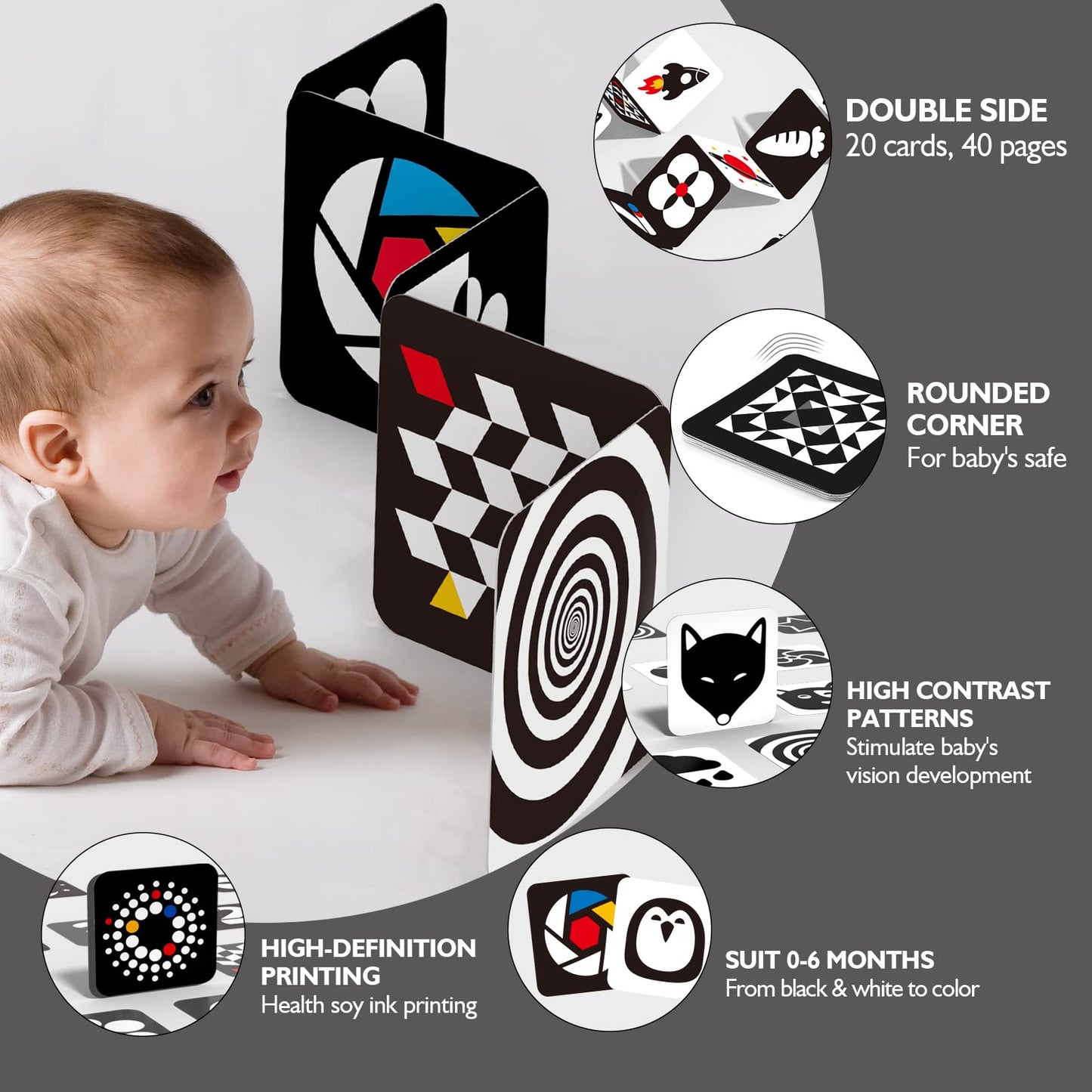 hahaland Tummy Time Contrast Flash Cards for Infants 0-3-6 Months, Newborn Sensory Visual Stimulation Baby Gift, Educational Brain Development Toys, Black and White Activity Cards 20 Cards