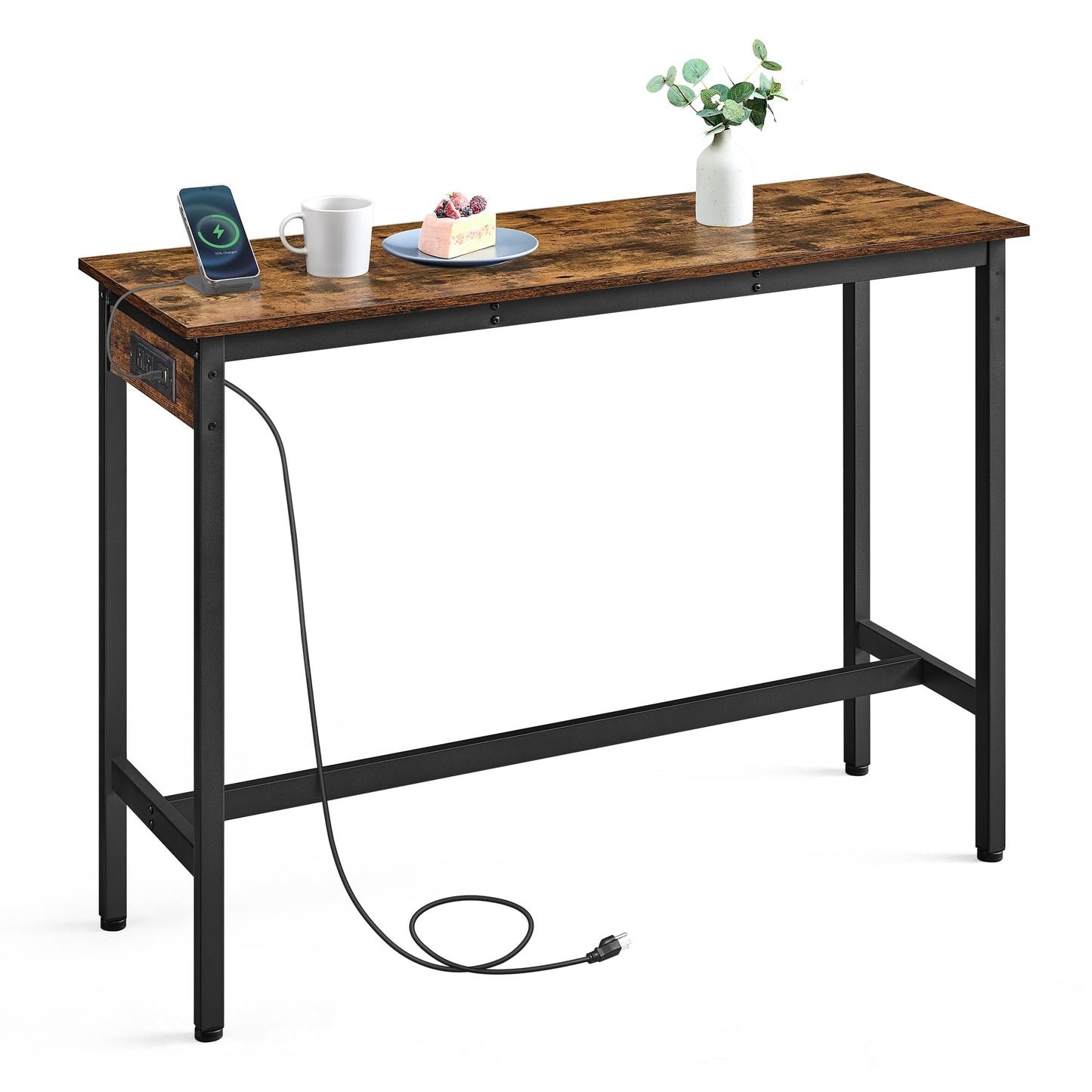 VASAGLE Bar Table, Narrow Long Kitchen Dining Table with Charging Station, Sturdy Metal Frame, Industrial, 15.7 x 47.2 x 35.4 Inches, Rustic Brown and Ink Black ULBT121K01
