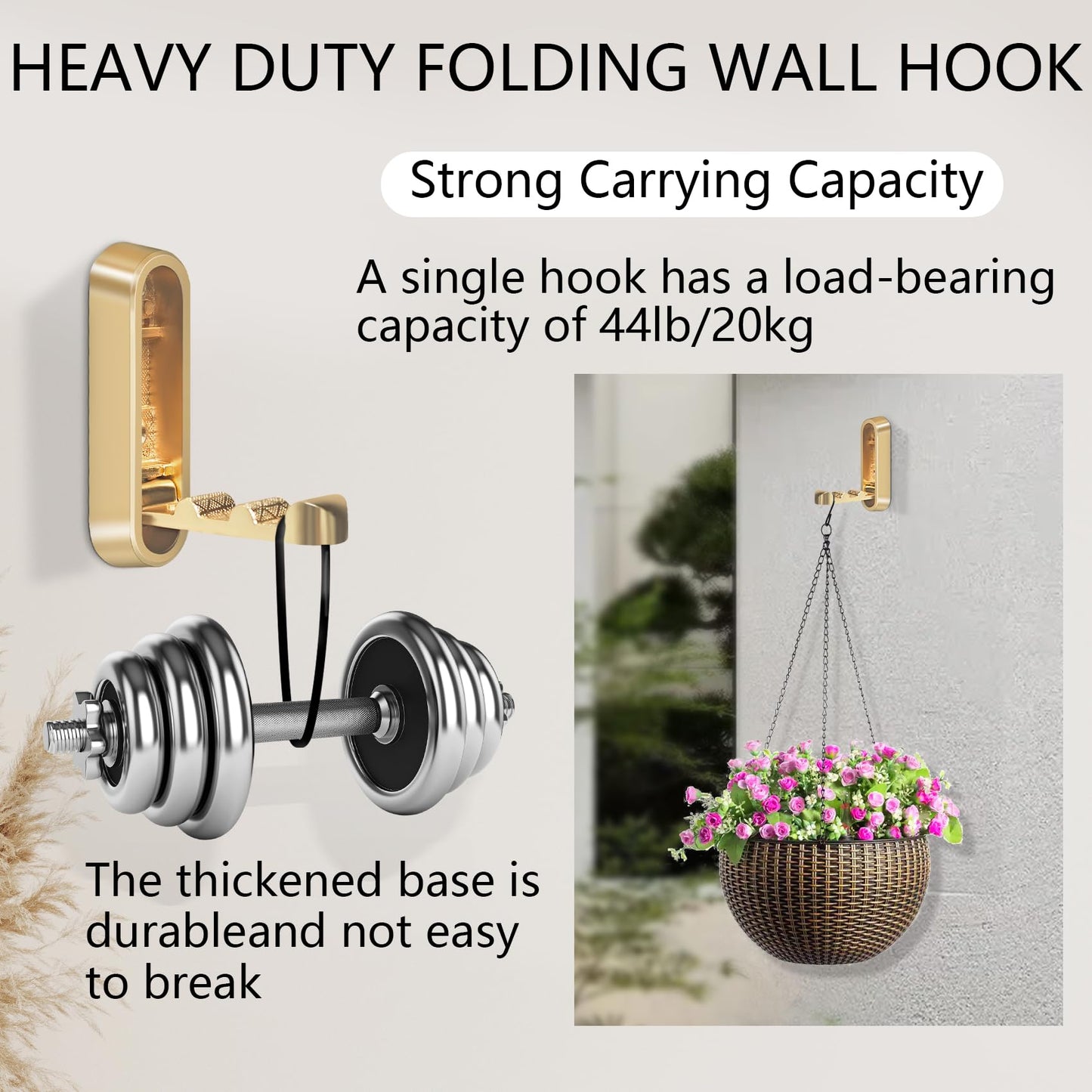 HNCSGJMY 4PCS Foldable Wall Hooks, Heavy Duty Zinc Alloy Flip-Down Coat Hooks with Screw Mount, Holds up to 44 Lbs, Space-Saving Folding Wall Hangers for Bathroom, Closet, Bedroom, Entryway (Gold)