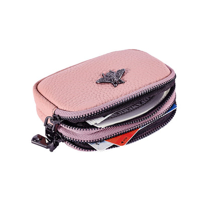 Yocipa Genuine Leather Coin Purse for Women Small Double Zipper Wallet Mini Change Pouch with Bee Charm for Cash Cards Keys Cute Compact Organizer (Pink)