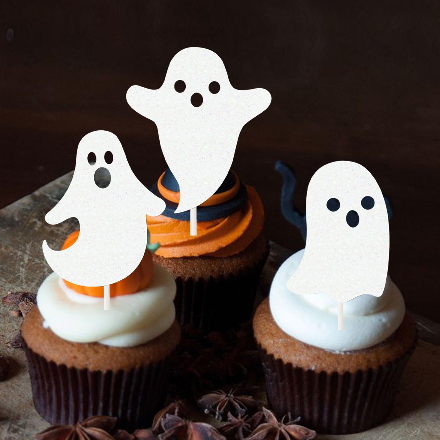 Halloween White Glitter Ghost Cupcake Toppers 24PCS Ghosts Baby Shower Cake Decorations Cute Ghost Cake Toppers for Happy Halloween Birthday Party Baby Shower Supplies