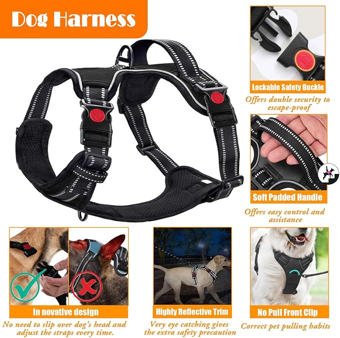 LOBEVE No Pull Dog Harness, Collar & Leash Set | Includes Dog Seat Belt, Collapsible Bowls & Poop Bag Dispenser. Ideal for Training, Walking, Hiking. Fits Small to Large Dogs(Black-S)