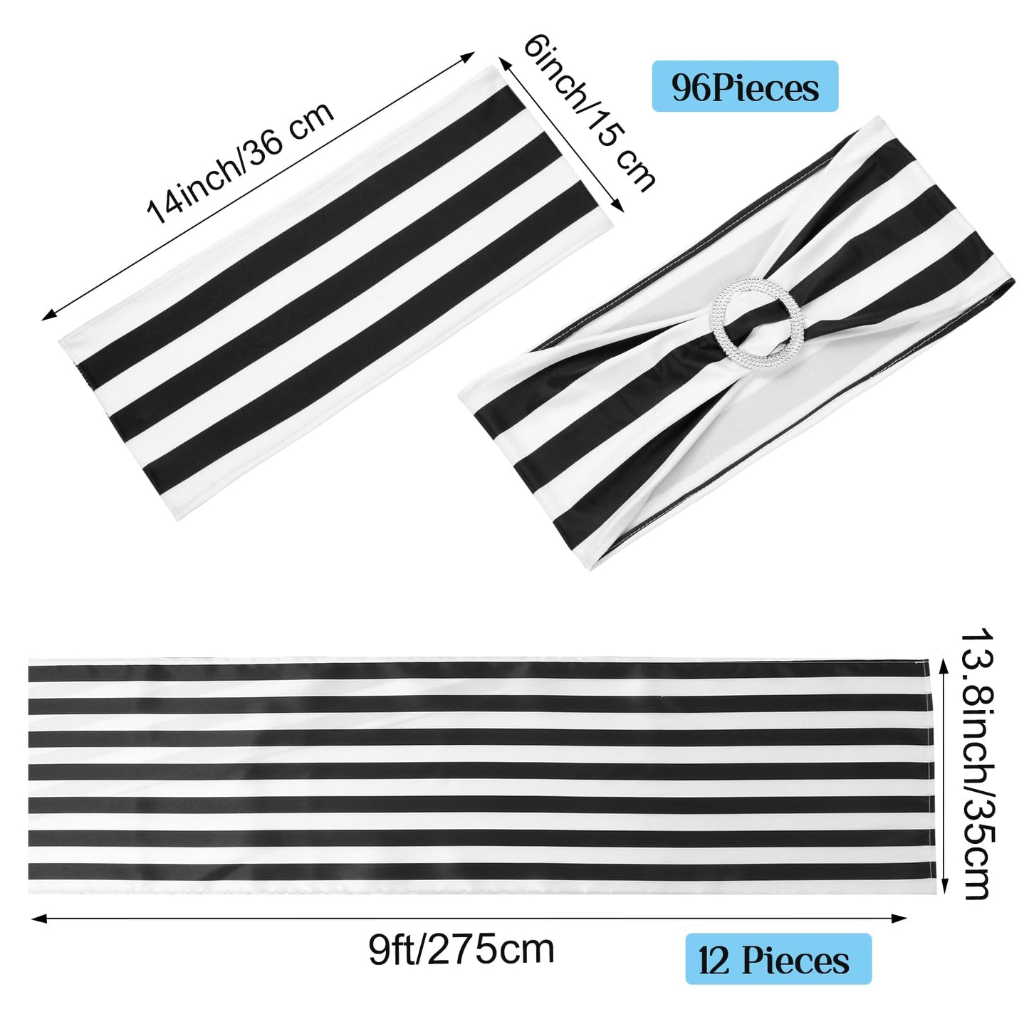 Newwiee 108 Pcs Stretch Chair Sashes with Table Runners, Sashes Fringe Table Runner for Party Wedding Reception Banquet Decorations (Black and White)