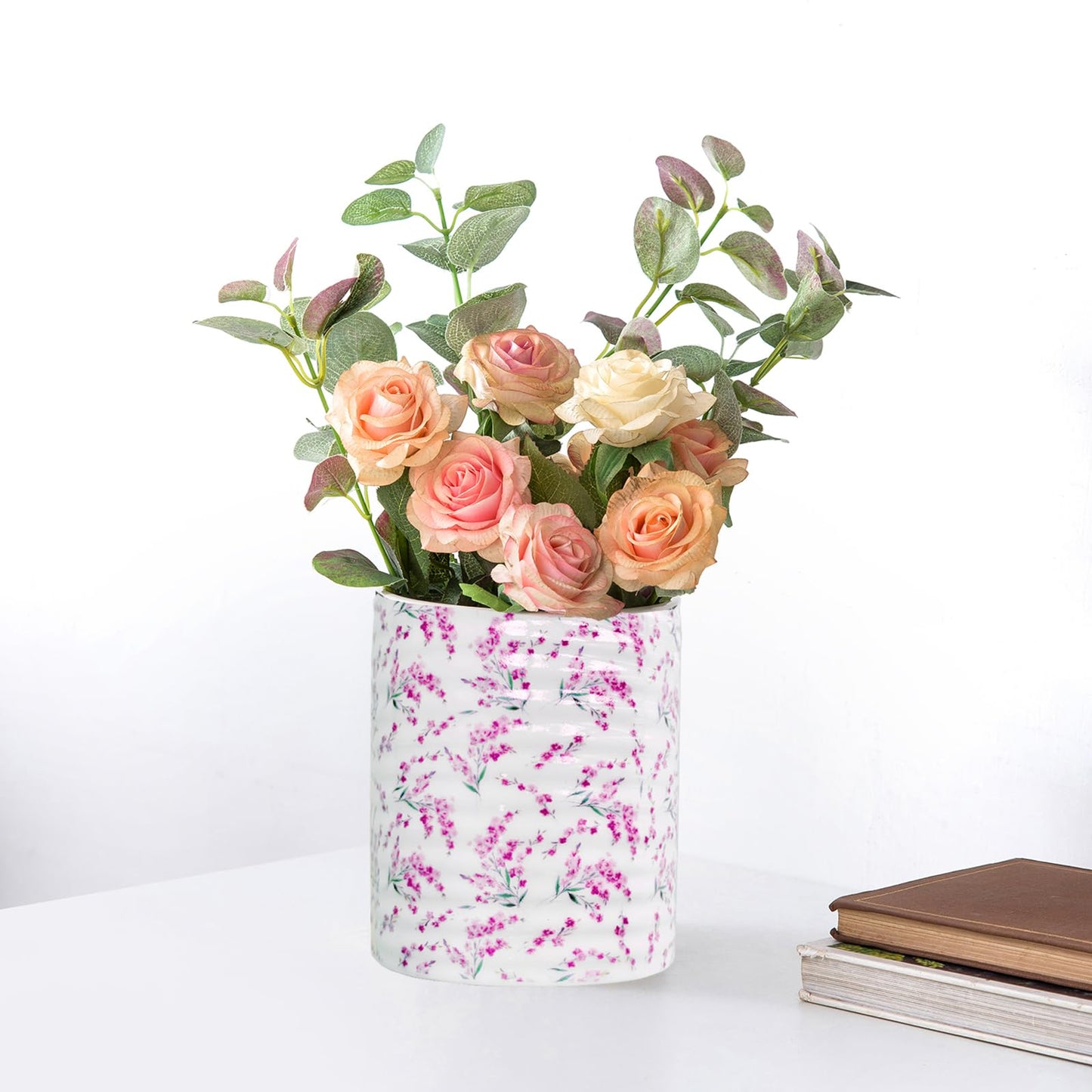 HOMSUN Kitchen Utensil Holder,7.2-inch Extra Large Sturdy Ceramic Cherry Floral Pattern Utensil Crock,Cooking Utensil Organizer for Kitchen Counter Decor,Storage Caddy Farmhouse Gift Pink Blossom