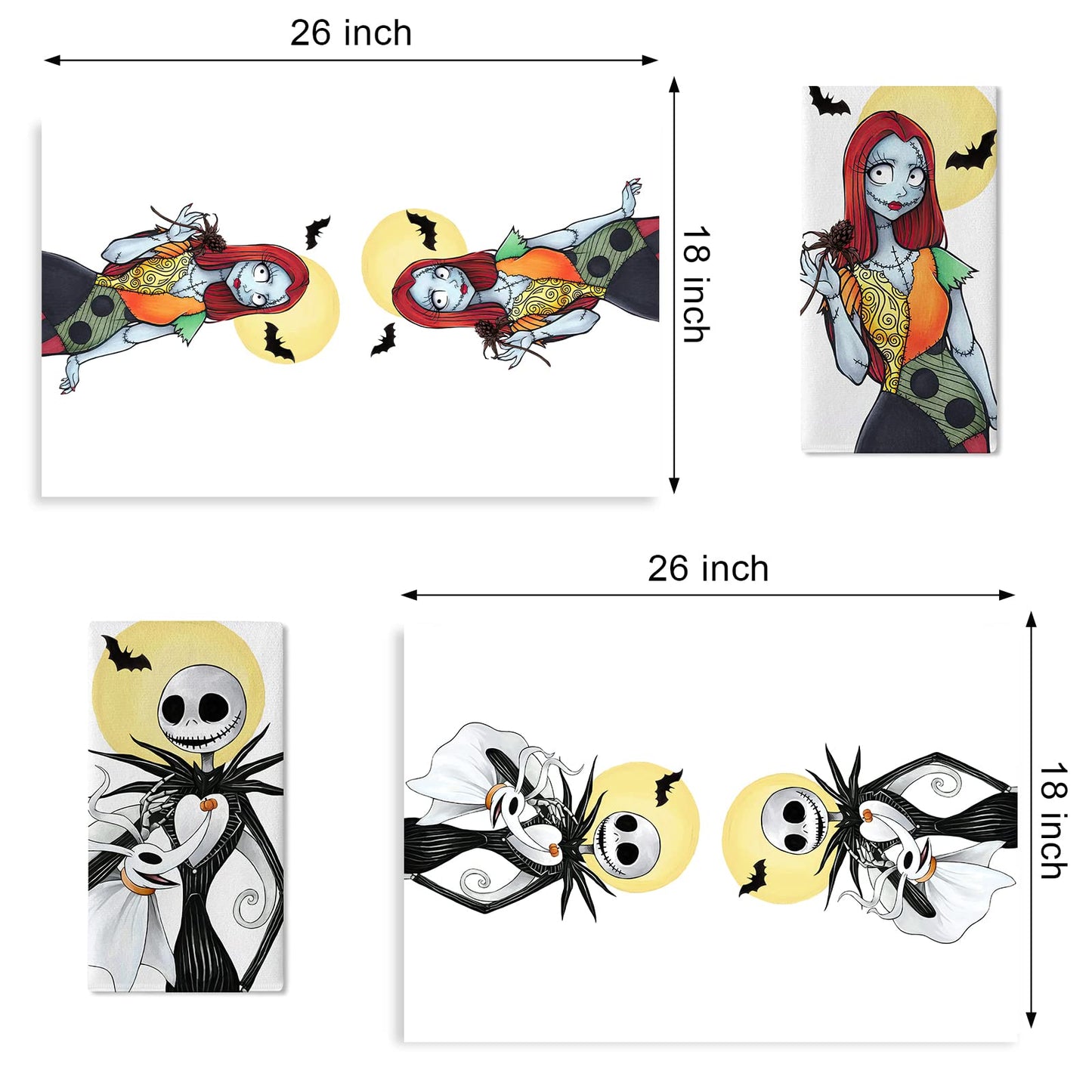 Seliem Jack Kitchen Dish Towels Set of 2, Spooky Sally Hand Towels Drying Baking Cooking Cloth Halloween Christmas Gifts, Funny Ghost Skull Moon Bat Home Kitchen Decor 18 x 26 Inch