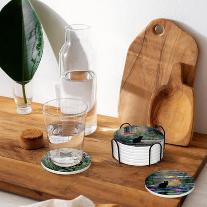 Drink Coasters for Drinks Set of 6, Water Lilies Art and Black Cat Absorbent Round Ceramic Stone Mat Coaster, with Cork Base and Metal Holder, Home Bar Decor House Warming Gift