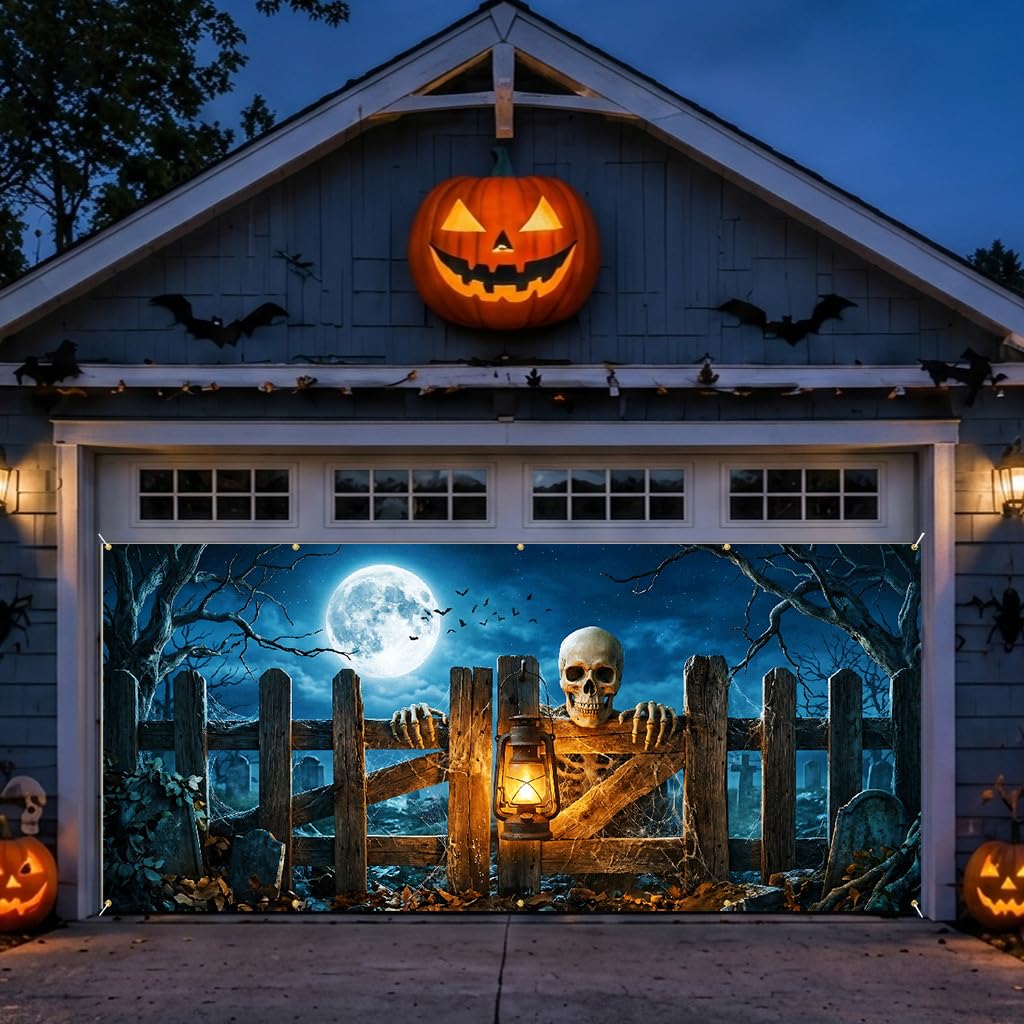 Halloween Garage Door Banner 157.5x70.9in Haunted House Graveyard Scene with Rope 393.7in & 10 Grommets Double Stitch Outdoor Garage Door Cover Halloween Garage Door Decorations Backdrop