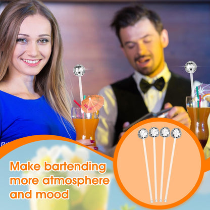 72 Pcs Disco Balls Cocktail Stirrers, Plastic Round Top Swizzle Sticks Mirror Disco Ball Stir Sticks Decorative Straws Drink Stirrers for 70s 80s Theme Party, Home Bar, Coffee Shop, Wedding (Silver)