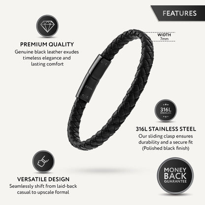 RTZN Black Leather Bracelet for Men Premium Artisan Handcrafted Braided Leather Bracelet Mens (Small)
