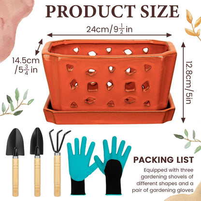 Teenyyou 1 Set Orchid Pot with Holes 9.5 Inch Ceramic Orchid Pot with Saucers for Repotting Amaryllis Flower Planter Include Gardening Shovel Set and Gloves for Home Decor(Terracotta)