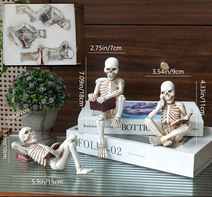 3 Psc Reading Skeleton Statue Gothic Horror Decor for Bookshelf and Desk Resin Figurine Halloween Decoration
