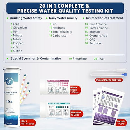 20 in 1 Water Tester for Drinking Water, Well Water Testing Kit, Suitable for Household Tap Water, Natural Water Quality Testing, Can Detect Water Hardness, Chlorine, Lead, Ph, Etc. (123 Test Strips)