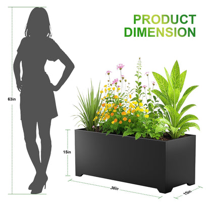 Gabviem Metal Planter Box 36" L x 15" W x 15" H, Rectangular Trough Planter Box with 6 Drainage Holes & Raised Bottom, All-Weather Garden Planter Box for Outdoor Patio/Porch, Lawn, Black