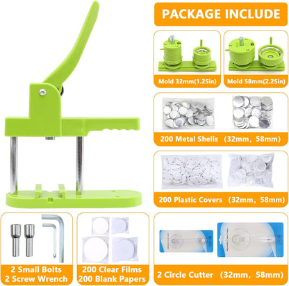 Button Maker Machine - Multiple Sizes 1.25in+2.25in, Kit for DIY Gifts, Button Press Machine with Free 200PCS 32-58mm Supplies & 2 Circle Cutter