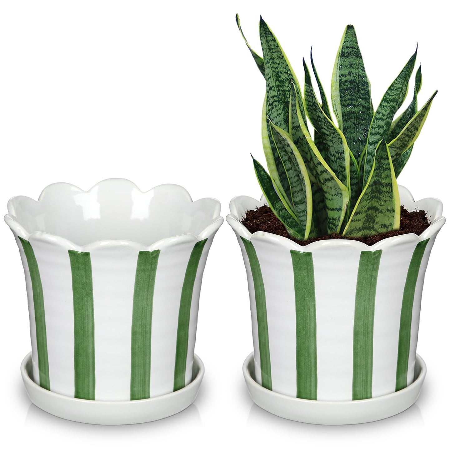Nature Crafted Set of 2 Flower Planter, 5.8 inch Ceramic Plant Pots with Drainage Hole and Sauser, Stripe Ceramic Planters with Wavy Opening for Indoor Outdoor Home Gardening Desktop Windowsill