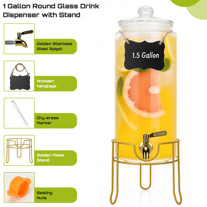 DHSBTLS 1.5 Gallon Glass Drink Dispensers, Round Beverage Dispenser for Party, BBQ and Picnic, Clear Airtight Juice Dispenser with Golden Stand, Stainless Steel Spigot, Markers and Chalkboard