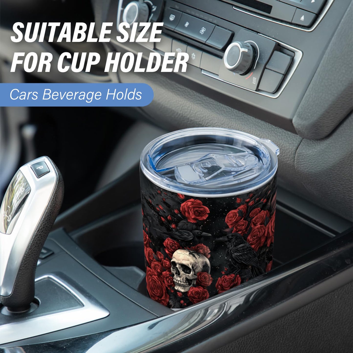Equoza Halloween Skull and Raven Tumbler, 20oz Insulated Stainless Steel Coffee Travel Mug with Lid, Gothic Horror Cup for Women Men, Funny Spooky Tumbler for Her