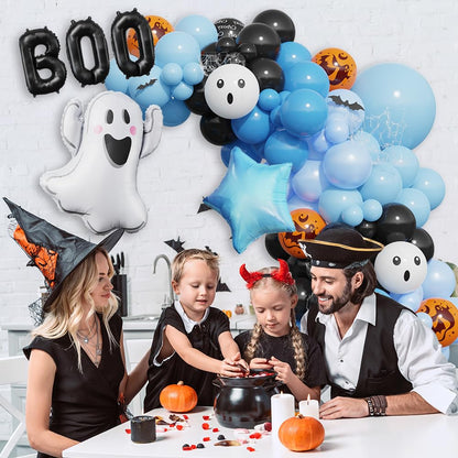 A Little Boo Is Almost Due Balloon Arch Kit, Black Blue Orange Latex Balloons with Boo and Ghost Foil Balloons, 152 Pcs for A Little Boo Is Almost Due Baby Shower Halloween Birthday Party Decorations